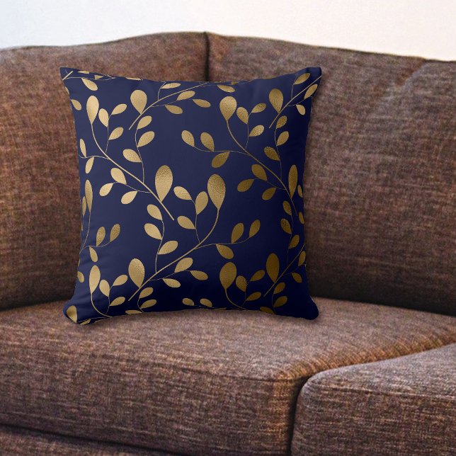 Modern Gold Leaf Pattern on Blue Throw Pillow (Creator Uploaded)