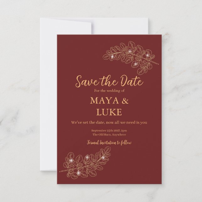 Modern Gold leafs Burgundy Save The Date (Front)