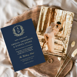 Modern Gold Leafy Crest Monogram Photo Wedding