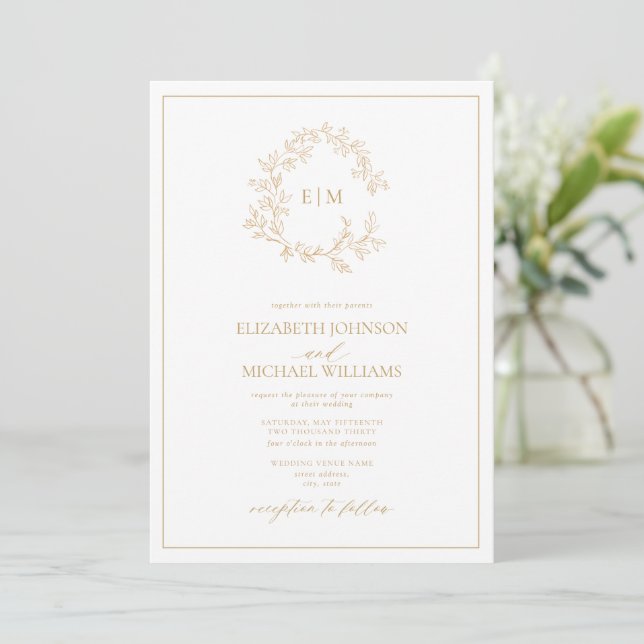 Modern Gold Leafy Crest Monogram Photo Wedding Invitation (Standing Front)