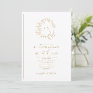 Modern Gold Leafy Crest Monogram Photo Wedding Invitation