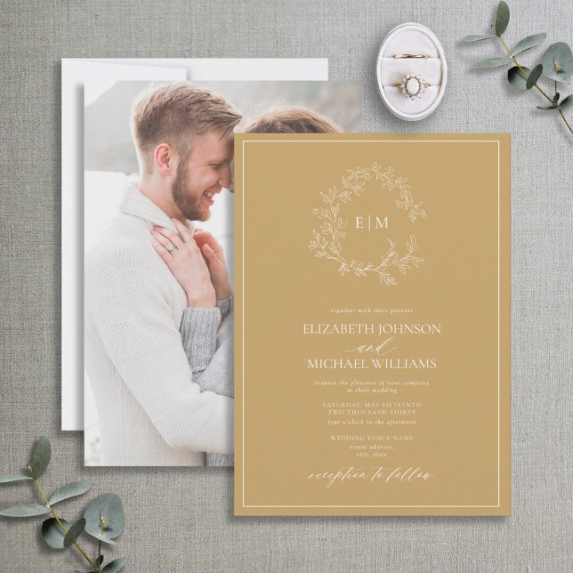 Modern Gold Leafy Crest Monogram Photo Wedding Invitation (Creator Uploaded)