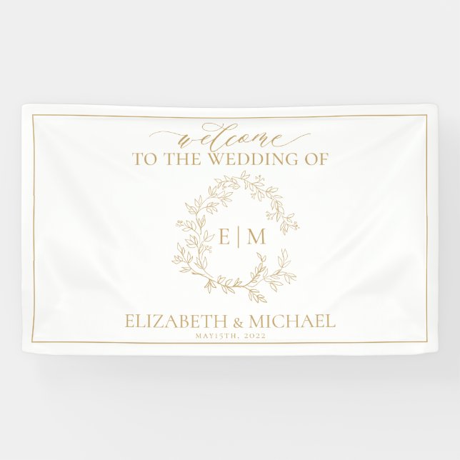 Modern Gold Leafy Crest Monogram Wedding Banner (Horizontal)