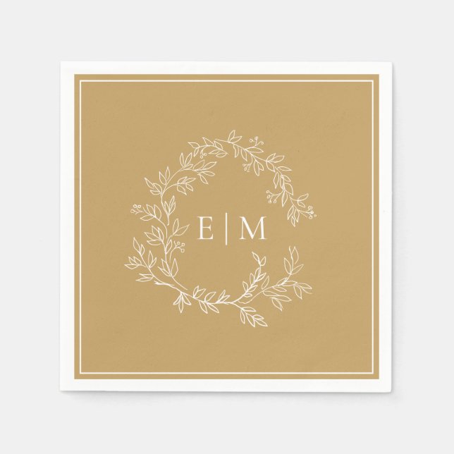 Modern Gold Leafy Crest Monogram Wedding Napkins (Front)
