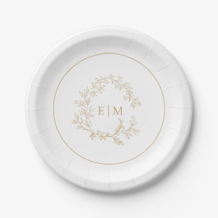 Modern Gold Leafy Crest Monogram Wedding Paper Plate