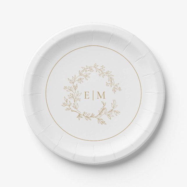 Modern Gold Leafy Crest Monogram Wedding Paper Plate (Front)