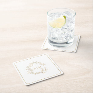 Modern Gold Leafy Crest Monogram Wedding Square Pa Square Paper Coaster