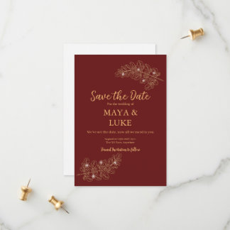 Modern Gold leaves Burgundy Save The Date