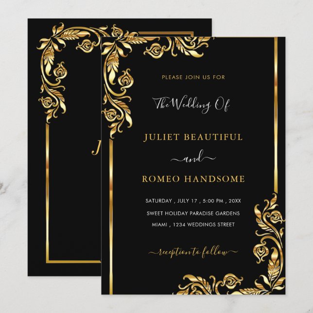 Modern Gold Leaves Framed Black Wedding Invitation (Front/Back)