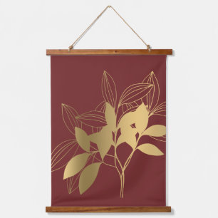 Modern Gold Leaves on Red Hanging Tapestry