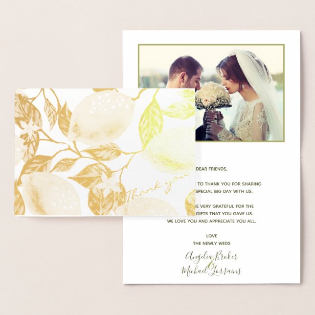 Modern Gold Lemon & Leaves Wedding Thank you Real Foil Card (Display)