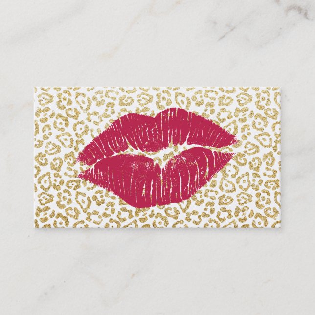 Modern Gold Leopard Print Red Kiss Makeup Artist Business Card (Front)