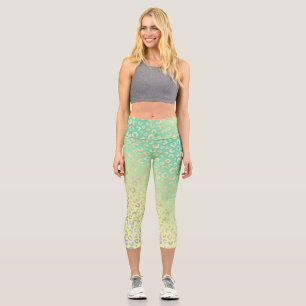 Modern Gold Leopard Print Yellow Mint Gradient Capri Leggings