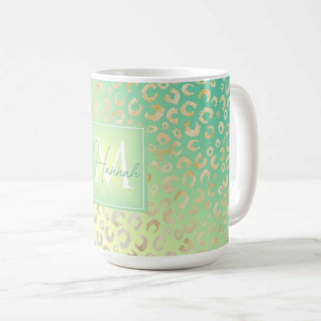 Modern Gold Leopard Print Yellow Mint Gradient Coffee Mug (Front Right)