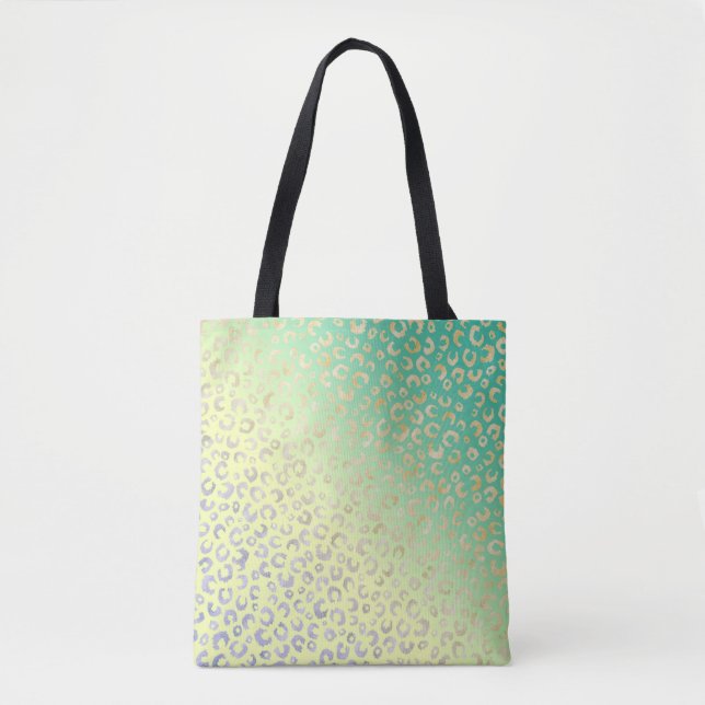 Modern Gold Leopard Print Yellow Mint Gradient Tote Bag (Front)