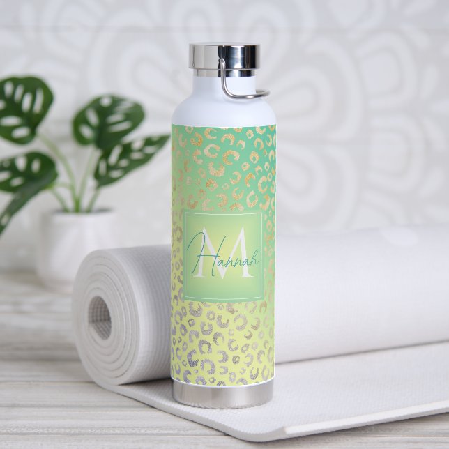 Modern Gold Leopard Print Yellow Mint Gradient Water Bottle (Yoga)