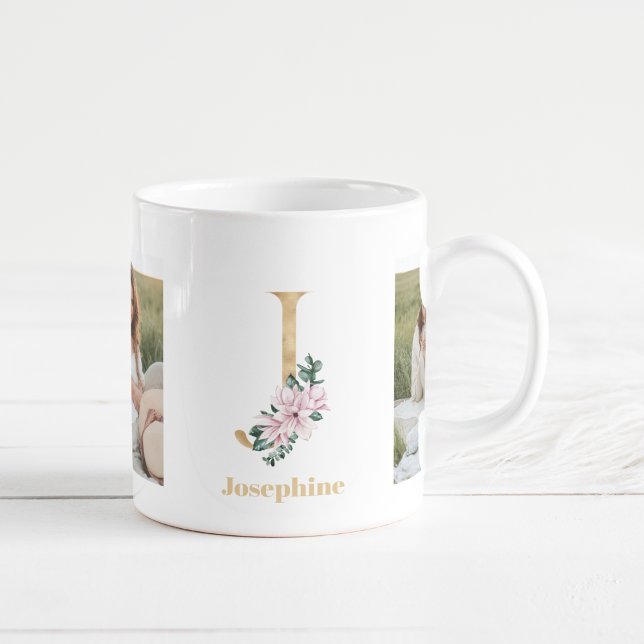 Modern Gold Letter J Flower | Two Photo Monogram Coffee Mug (Creator Uploaded)