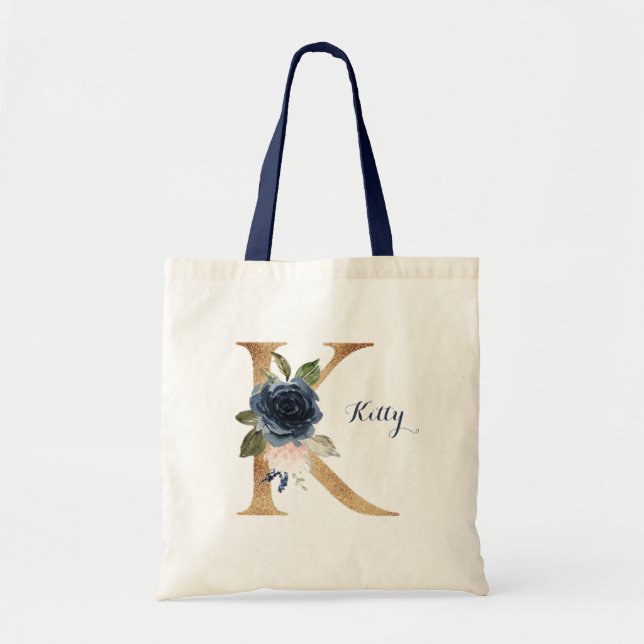 Modern Gold Letter K Floral Glitter Personalized Tote Bag (Front)