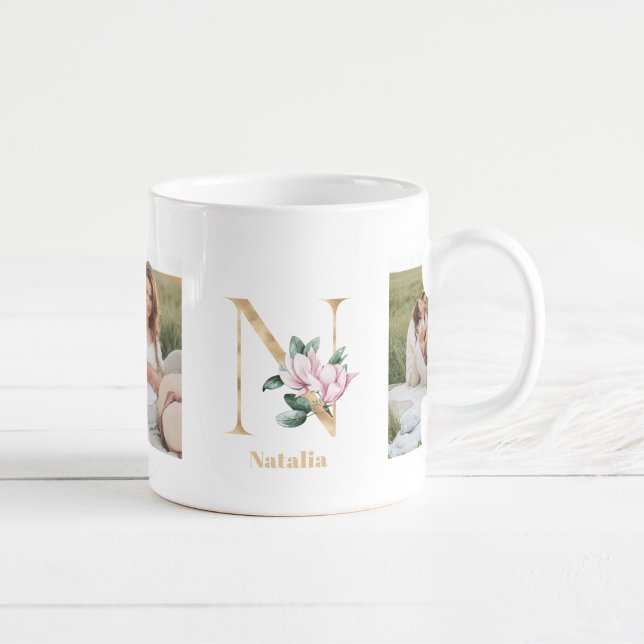 Modern Gold Letter N Flower | Two Photo Monogram  Coffee Mug (Creator Uploaded)