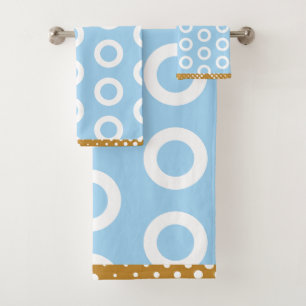 Modern Gold Light Blue White Circle Ring Pattern Bath Towel Set
