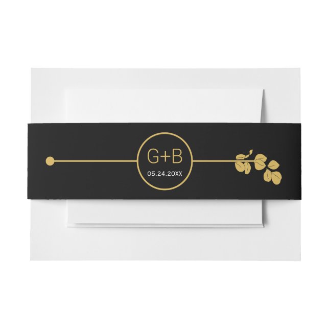 Modern gold line and branch with leaves wedding invitation belly band (Front Example)