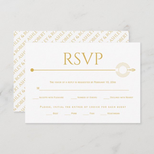 Modern gold line with concentric circles wedding RSVP card (Front/Back)