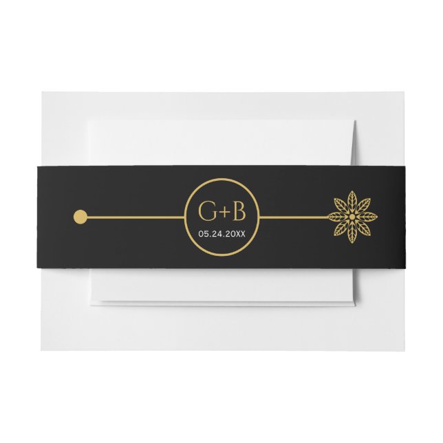 Modern gold line with flower and dot wedding invitation belly band (Front Example)