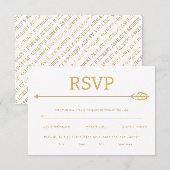 Modern gold line with leaf and arrow wedding RSVP card (Front/Back)