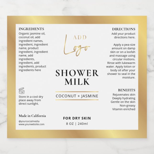 Modern Gold Logo 6 OZ 8 OZ Cosmetic Bottle Label (Single Label)