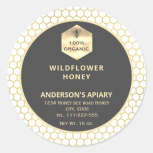 Modern gold logo honey bee honey jar classic round sticker