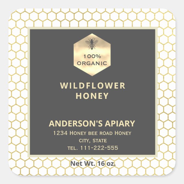 Modern gold logo honey bee honey jar square sticker (Front)