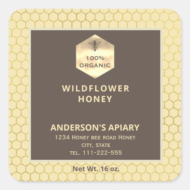 Modern gold logo honey bee honey jar square sticker (Front)