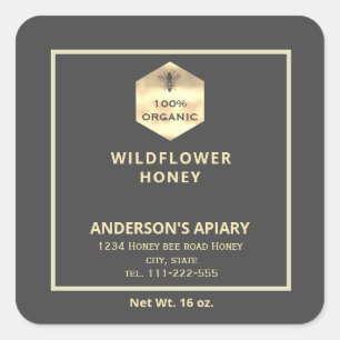 Modern gold logo honey bee honey jar square sticker