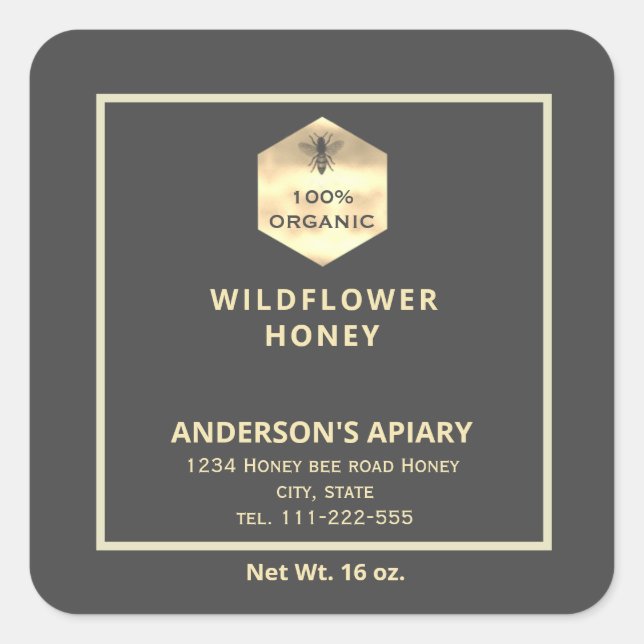 Modern gold logo honey bee honey jar square sticker (Front)