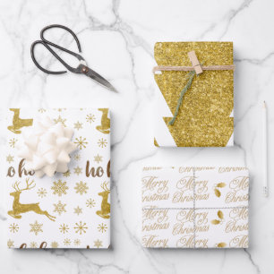 Modern gold luxury deer tree script text white wrapping paper sheet