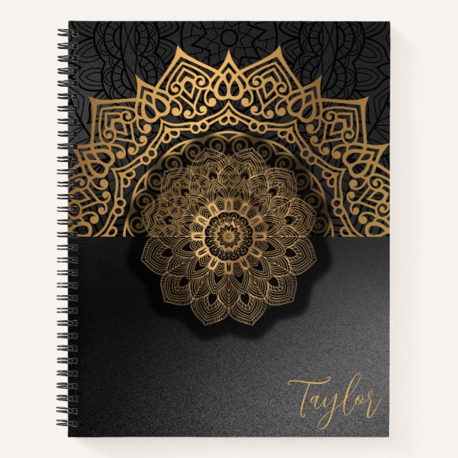 Modern Gold Mandala Black Personalized Notebook (Front)