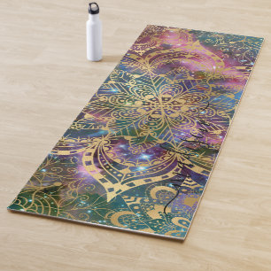 Modern Gold Mandala Blue Purple Nebula Custom Name Yoga Mat