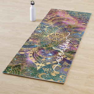 Modern Gold Mandala Blue Purple Nebula Custom Name Yoga Mat