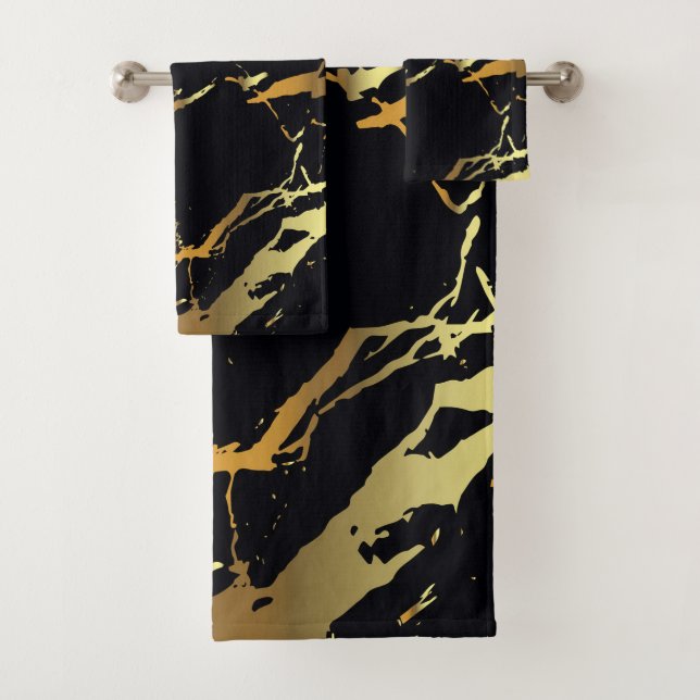 Modern Gold Marble Black Yellow Elegant Stripes Bath Towel Set (Insitu)