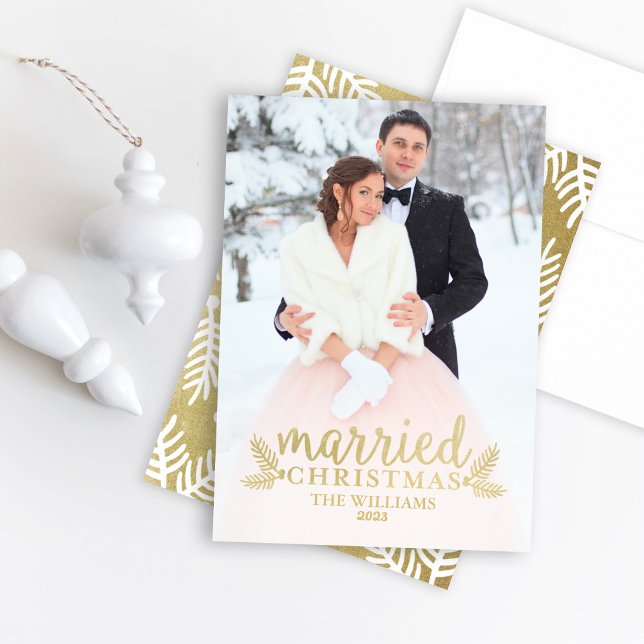 Modern Gold Married Christmas Wedding Photo Holiday Card (Creator Uploaded)