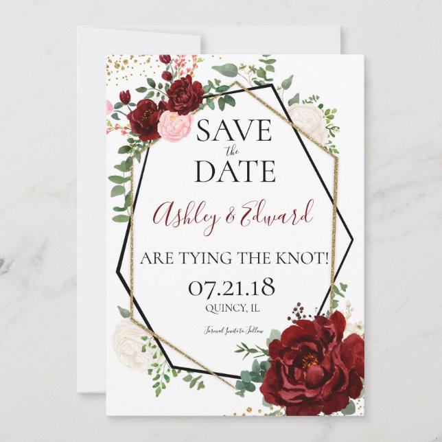 Modern Gold Marsala Geometric Save the Date (Front)