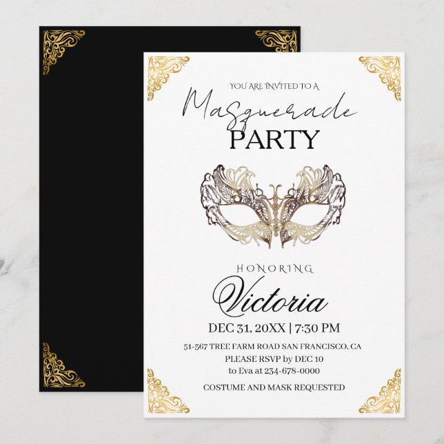 Modern Gold Masquerade Party Birthday Invitation (Front/Back)