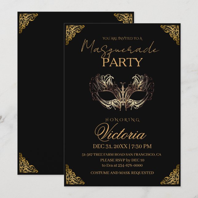 Modern Gold Masquerade Party Birthday Invitation (Front/Back)