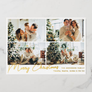 Modern Gold Merry Christmas Four Photo Collage Foil Holiday Card