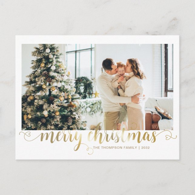 Modern Gold Merry Christmas Heart Script Photo Holiday Postcard (Front)