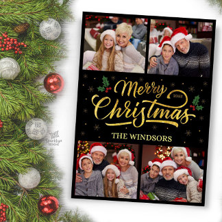 Modern Gold Merry Christmas Photo Card Collage 