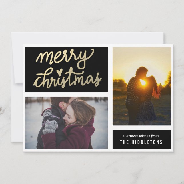 Modern Gold Merry Christmas Script Two Photos Holiday Card (Front)