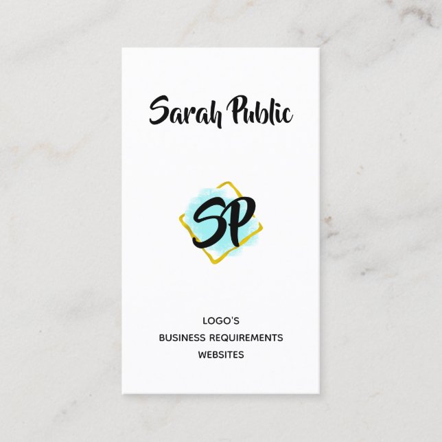 Modern gold minimalist monogrammed blue square business card (Front)