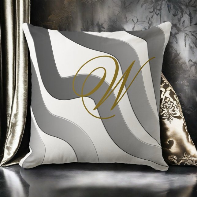 Modern gold monogram abstract black white line throw pillow (Creator Uploaded)