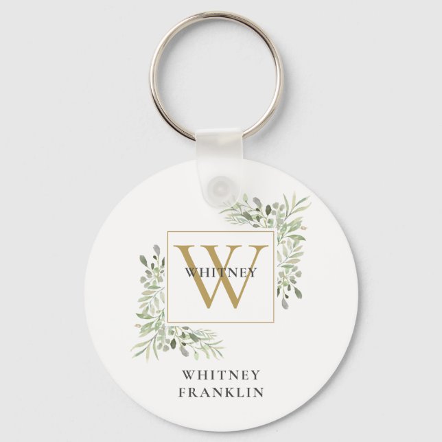 Modern Gold Monogram Elegant Greenery Keychain (Front)